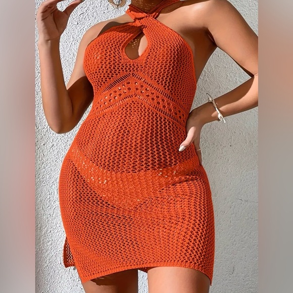 Plus Size Orange Hollow Out Cover Up Beach Dress - Picture 1 of 5